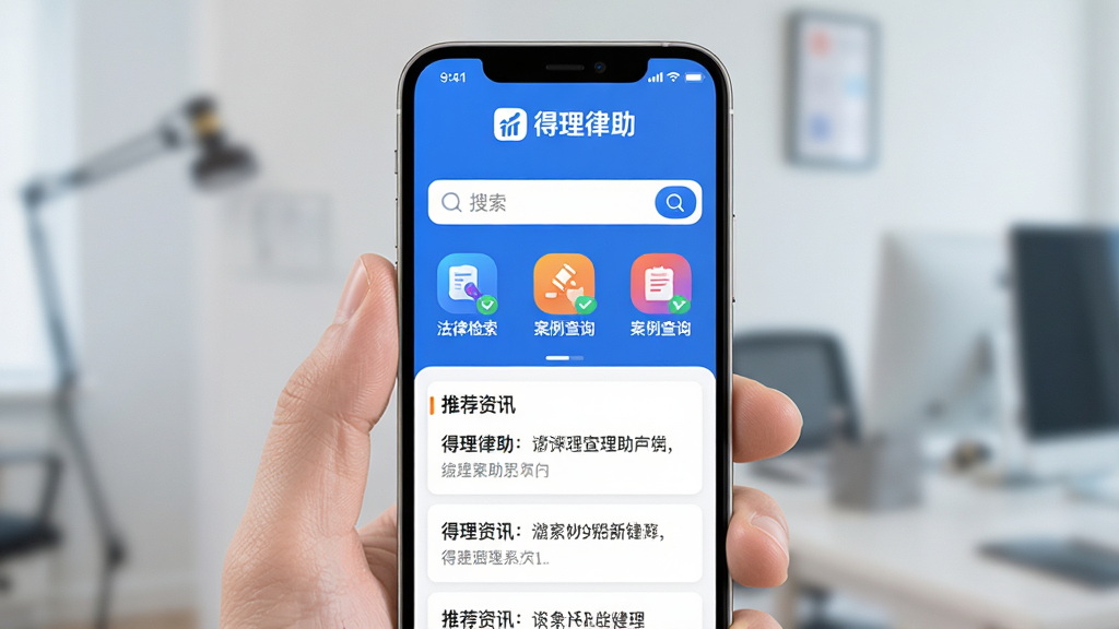 一张智能手机屏幕展示得理律助主界面,上方显示“得理律助”Logo,中间为搜索框并配有“法律检索”“案例查询”等彩色功能图标,下方为推荐资讯卡片列表,整体风格简洁现代,蓝白配色,界面干净明亮,高清渲染,无多余元素