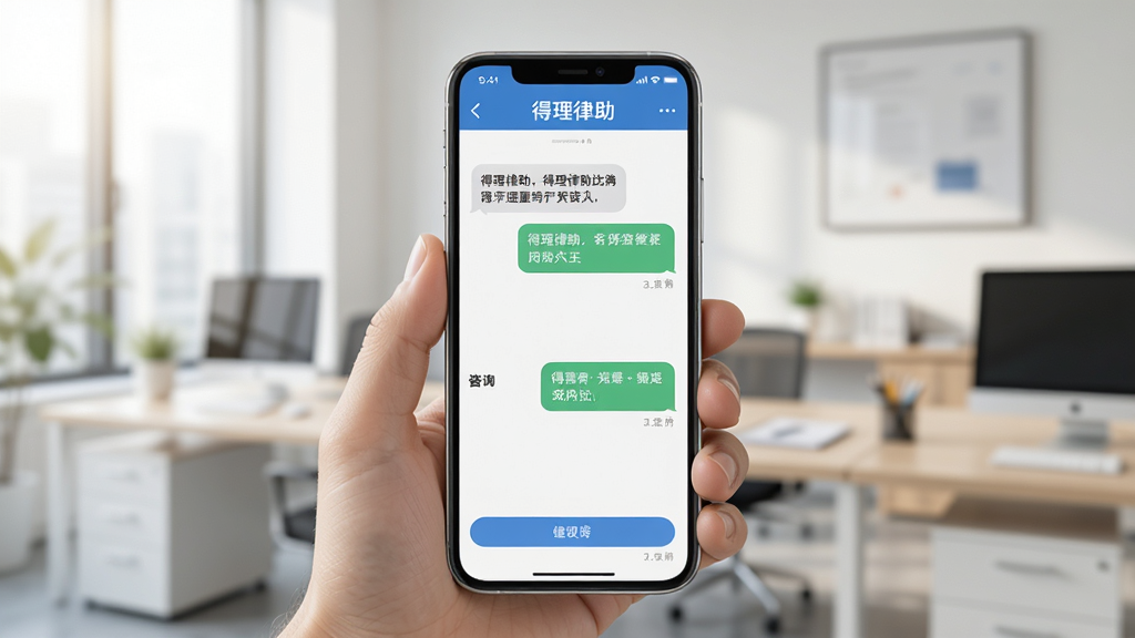 得理律助在手机上的使用场景图,手机屏幕显示“得理律助”的咨询对话界面,背景为模糊的办公室环境,整体画面明亮自然,手机屏幕内容清晰可见,画质干净,无多余元素