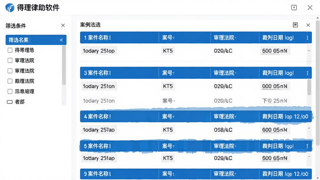 得理律助软件的案例检索结果界面,左侧为筛选条件栏,右侧为案例列表,每个案例包含案件名称、案号、审理法院和裁判日期,界面采用白色背景搭配蓝色高亮,信息密度适中,整体风格专业严谨,画质清晰,无多余元素