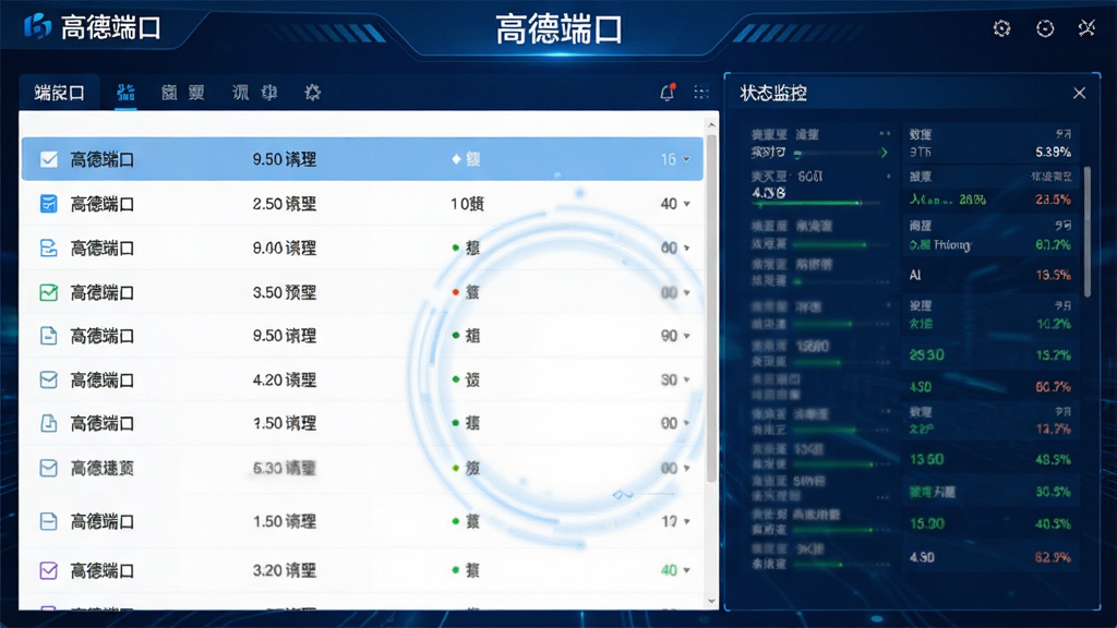高德端口主界面预览图,左侧为端口列表,右侧为状态监控面板,整体采用深蓝色科技风格,界面布局清晰,数据实时刷新,画质干净,无多余元素,文字标注“高德端口”