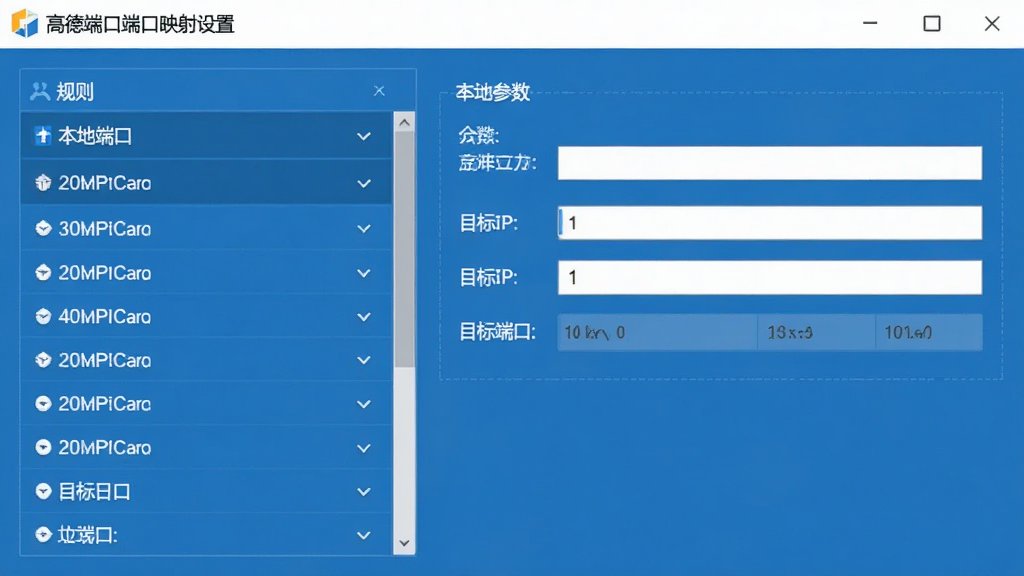 高德端口端口映射设置界面,左侧为规则列表,右侧为参数填写表单,包含本地端口、目标IP、目标端口字段,界面简洁,蓝色主题,画质干净,无多余元素