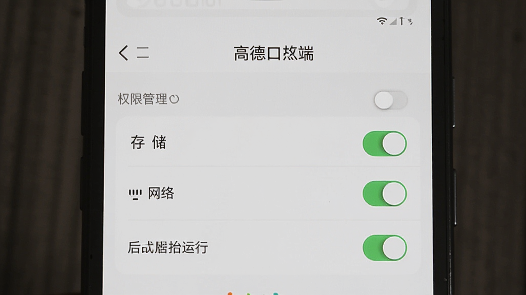 高德端口手机端设置页面,展示权限管理选项,包含存储、网络、后台运行等开关,界面简洁,浅色主题,画质干净,无多余元素