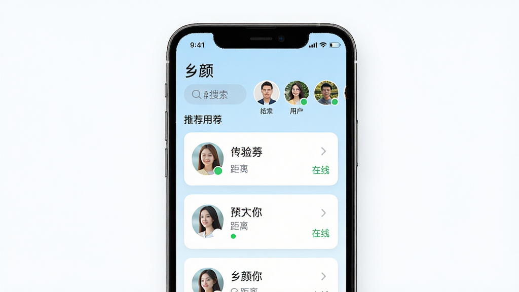 主体:手机屏幕展示“乡颜”应用主界面,界面顶部有搜索框和推荐用户头像列表。布局:居中构图,手机屏幕占据画面主体,周围留白。排版:屏幕内显示用户卡片,卡片上有昵称、距离、在线状态。风格:现代扁平化设计,色彩清新明快。细节:界面文字清晰,头像图片精美,背景为淡蓝色渐变。画质:高清,干净,无多余元素