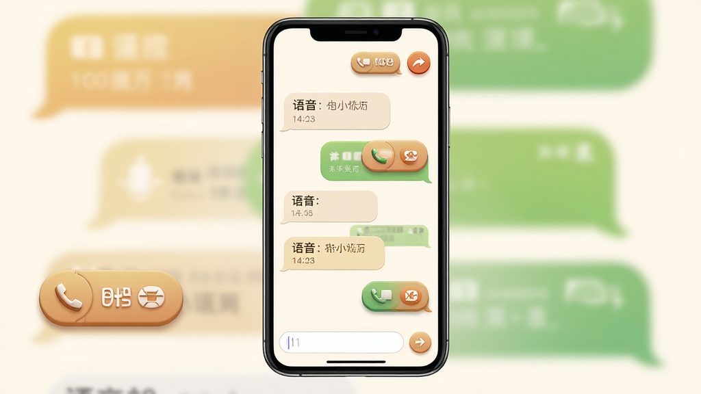主体:聊天界面展示语音和视频通话按钮,背景为对话气泡。布局:手机聊天界面居中,输入框在底部,功能按钮在顶部右侧。排版:气泡排列整齐,按钮图标清晰。风格:简洁大方,色调温暖。细节:气泡带有时间戳,按钮有立体感。画质:高清,干净,无多余元素