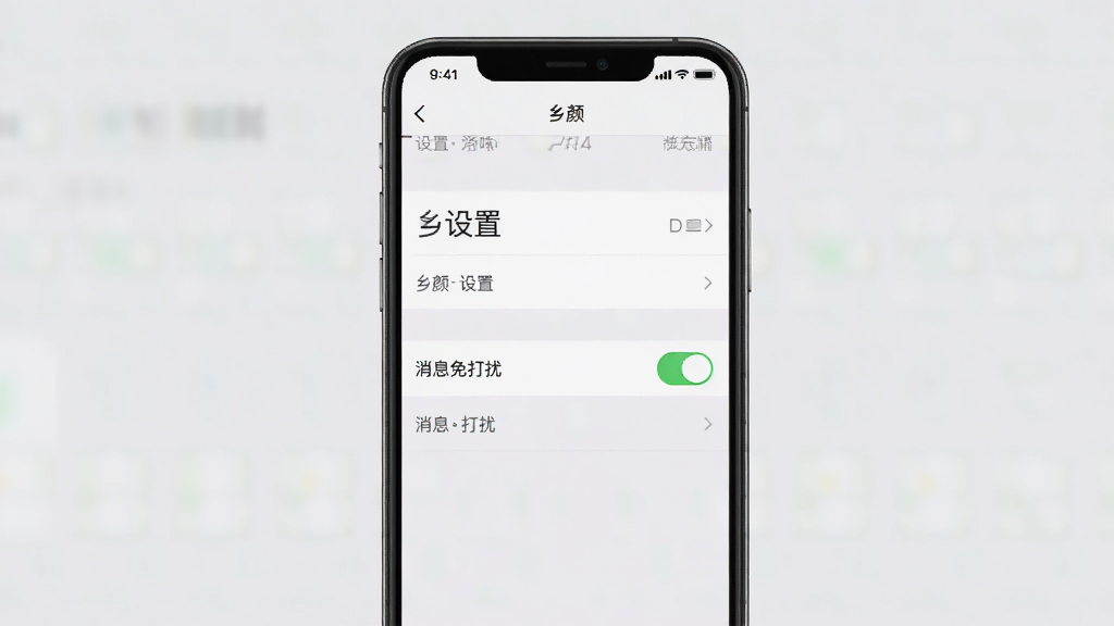 主体:手机屏幕上显示“乡颜”设置页面,其中有“消息免打扰”开关。布局:手机居中,设置选项竖排。排版:开关控件清晰,文字说明完整。风格:简洁实用,背景为浅灰色。细节:开关处于打开状态,颜色为绿色。画质:高清,干净,无多余元素
