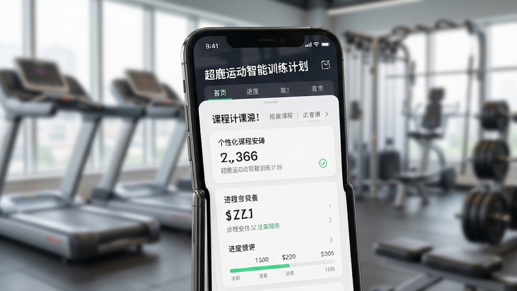 超鹿运动智能训练计划页面,手机界面显示个性化课程安排与进度条,背景为健身房器材虚化,主体突出,布局合理,排版整齐,风格现代,细节清晰,画质高清,干净无多余元素