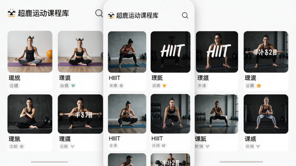 超鹿运动课程库界面,手机屏幕上分类展示瑜伽、HIIT等课程封面,背景为简洁纯色,主体明确,布局网格化,排版规整,风格清新,细节丰富,画质高清,干净无多余元素