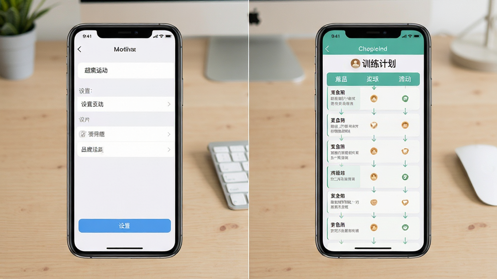 超鹿运动使用教程步骤图,手机屏幕显示设置页面与训练计划,背景为简洁桌面,主体明确,布局清晰,排版直观,风格实用,细节丰富,画质高清,干净无多余元素