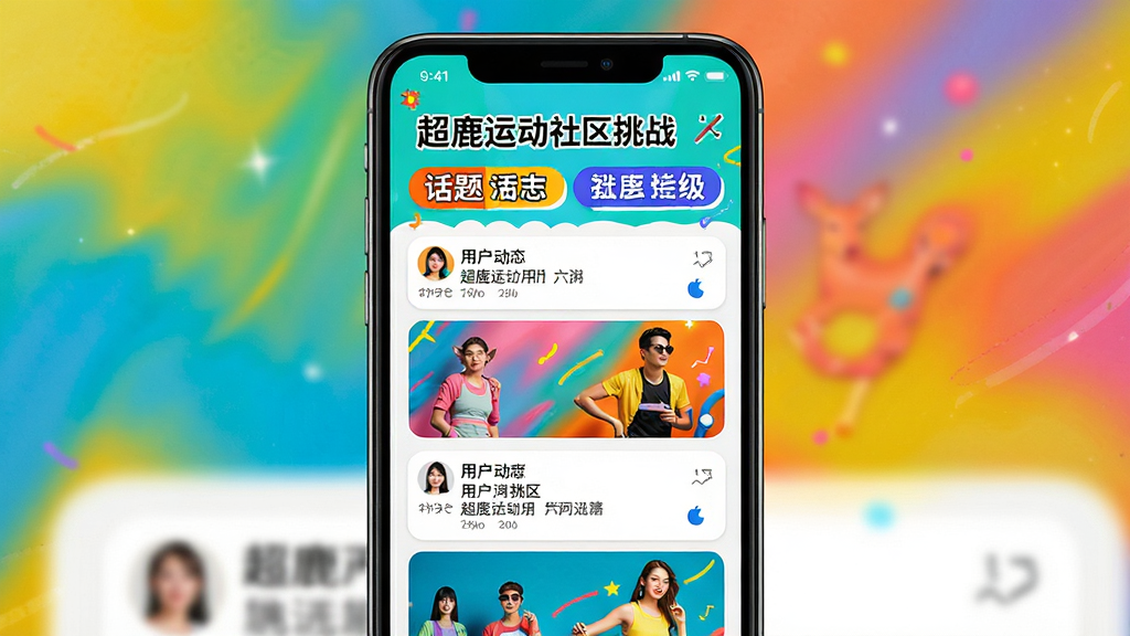 超鹿运动社区挑战页面,手机屏幕显示话题标签与用户动态,背景为明亮色彩,主体明确,布局瀑布流,排版活泼,风格时尚,细节丰富,画质高清,干净无多余元素