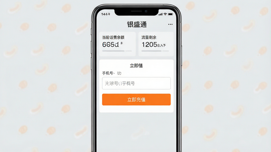 生成一张展示“银盛通”APP内话费充值页面的图片,主体为手机界面截图,屏幕中央有输入手机号的输入框和“立即充值”的橙色按钮,上方显示当前话费余额和流量剩余。布局为手机竖屏居中,界面风格简洁清晰,色彩明快。细节上,背景为浅灰色,突出手机屏幕内容,顶部状态栏显示网络和时间。画质高清,无多余元素,强调充值功能的便捷性。