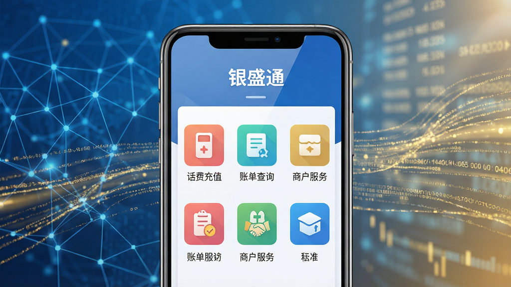 画面主体为一部智能手机屏幕正显示“银盛通”APP主界面,背景为抽象的蓝色科技网络与金色数据流交织。布局采用居中构图,手机屏幕内容清晰可见,包含“话费充值”、“账单查询”、“商户服务”等彩色功能图标。排版风格为扁平化设计,界面元素整齐排列,色彩以蓝、白、金色为主,体现金融科技的安全与高效。细节上,手机屏幕有柔和反光,背景光线渐变,整体画质细腻干净,无多余元素,突出APP的现代感与专业性。