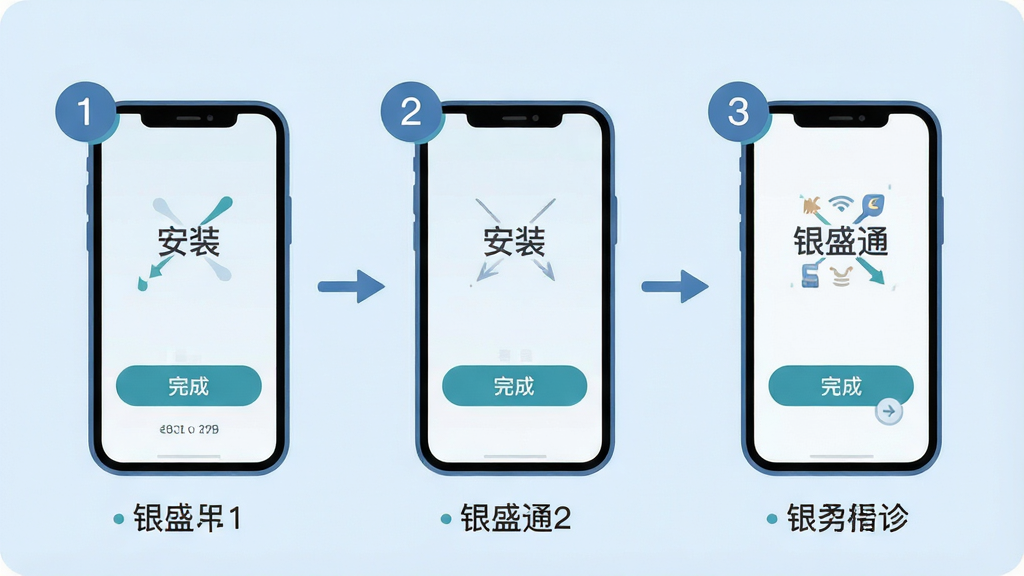 一张关于手机安装APP步骤的示意图,主体为一部手机屏幕显示“安装”和“完成”按钮。布局为步骤分解图,共三步,分别用数字1、2、3标注。风格为扁平化插画风,背景为淡蓝色。细节上,每一步骤下方有简要文字说明,手机外观圆润。画质干净清晰,无多余元素,旨在指导用户正确安装“银盛通”。