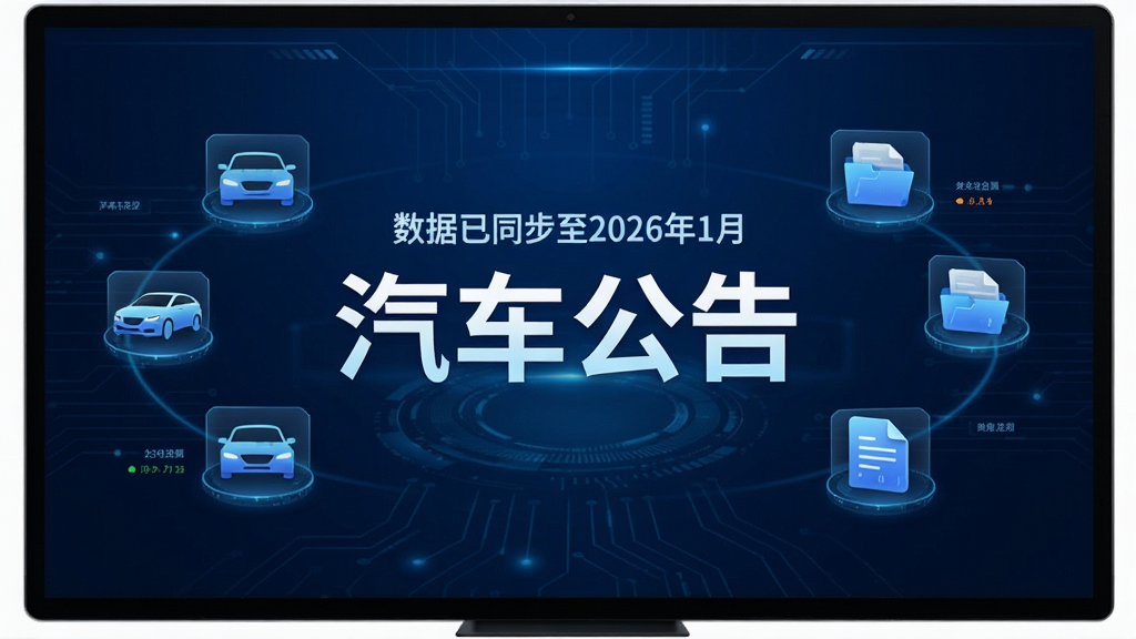 展示汽车公告软件数据更新界面,背景为深蓝色科技感风格,屏幕中央显示“数据已同步至2026年1月”,周围环绕车辆图标和文件图标,画面简洁干净,突出“汽车公告”字样,画质高清。