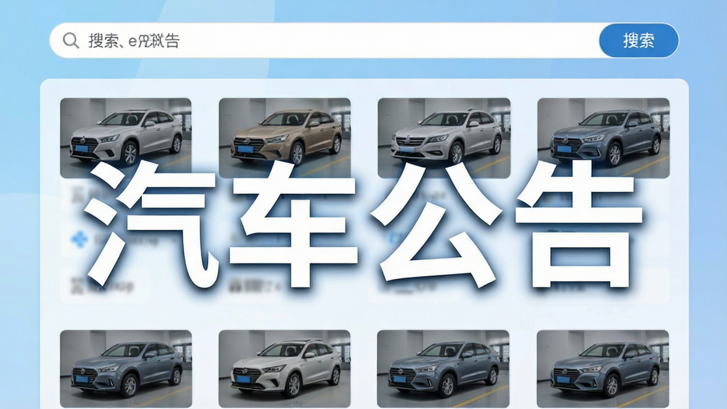 一张展示汽车公告软件主界面的高清截图,界面简洁清晰,顶部显示搜索框,下方列出车辆列表缩略图,背景为浅蓝色渐变,整体风格商务大气,突出“汽车公告”品牌名称,画质干净无多余元素。