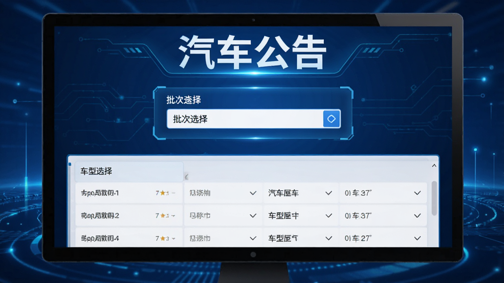 展示汽车公告软件批次查询界面,屏幕中央显示批次选择器,下方列出车型列表,背景为科技蓝风格,突出“汽车公告”品牌名称,画质清晰。