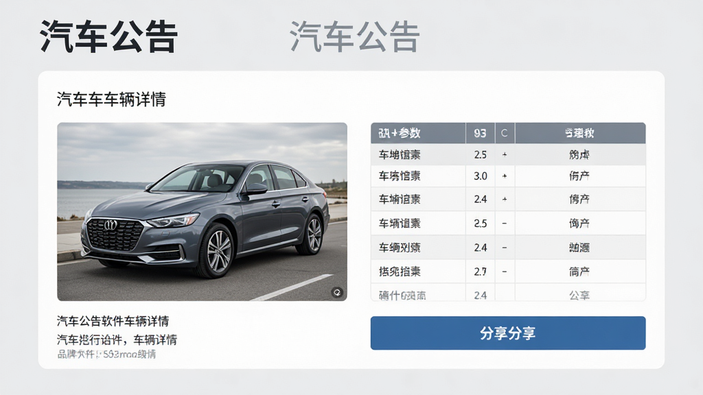 展示汽车公告软件车辆详情页面,页面包含车辆照片、参数表格和分享按钮,背景为浅灰色,整体风格简约商务,突出“汽车公告”品牌名称,画面细节丰富,画质高清。