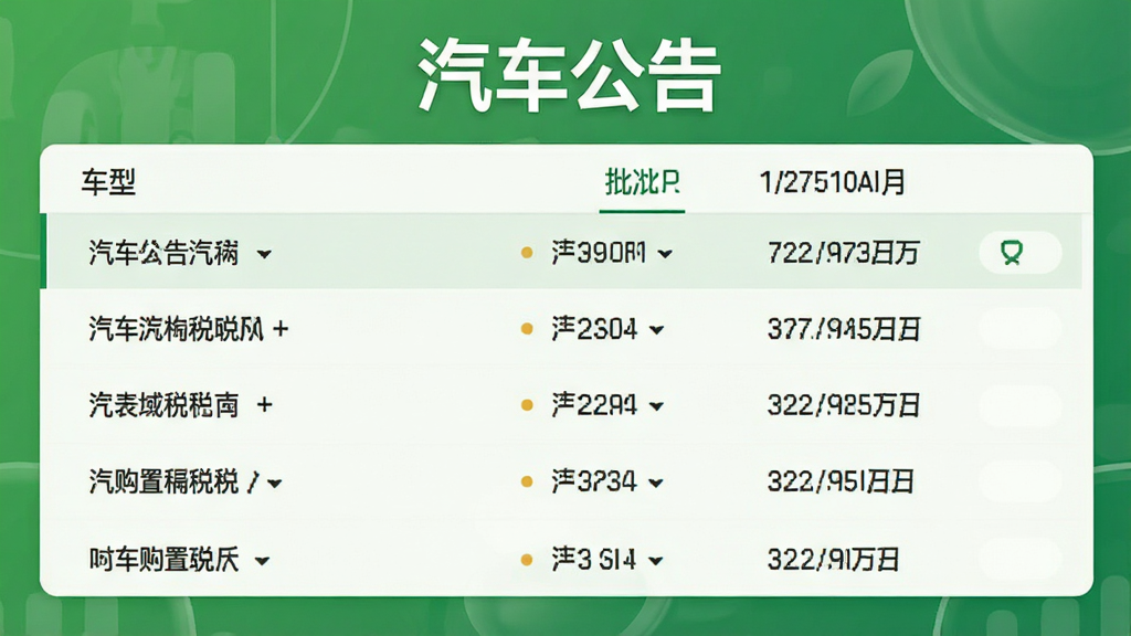 展示汽车公告软件免征购置税查询界面,背景为绿色系风格,顶部有“汽车公告”字样,下方列表显示车型和批次信息,整体风格清爽,画质干净。