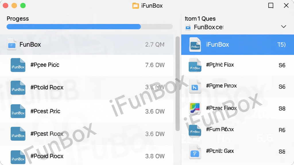 主体:iFunBox文件传输界面,显示一个进度条和文件列表。布局:左侧为源文件列表,右侧为传输队列。排版:简洁清晰,进度条以蓝色高亮。风格:实用工具风格,界面友好。细节:文件图标带有“iFunBox”水印。画质:细腻,干净,无多余元素。