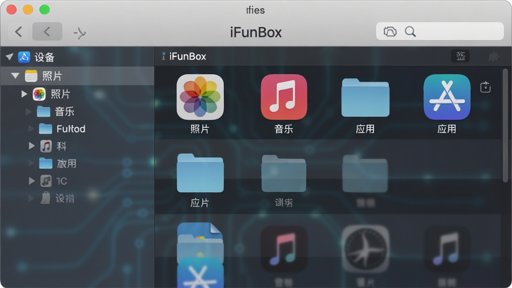 主体:iFunBox软件主界面,展示左右分栏的文件管理布局,左侧为设备导航树,右侧为文件列表。布局:居中构图,界面清晰,带有iOS风格的图标。排版:界面元素对齐整齐,标题栏显示“iFunBox”字样。风格:现代科技感,扁平化设计。细节:屏幕中显示“照片”、“音乐”、“应用”等文件夹图标。画质:高清,干净,无多余元素。