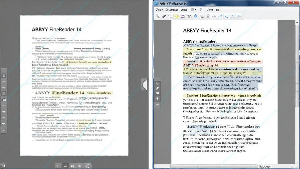ABBYY FineReader 14 文字识别功能示意图,左侧为扫描文档,右侧为识别出的可编辑文本,高亮显示识别结果,界面清晰,风格专业