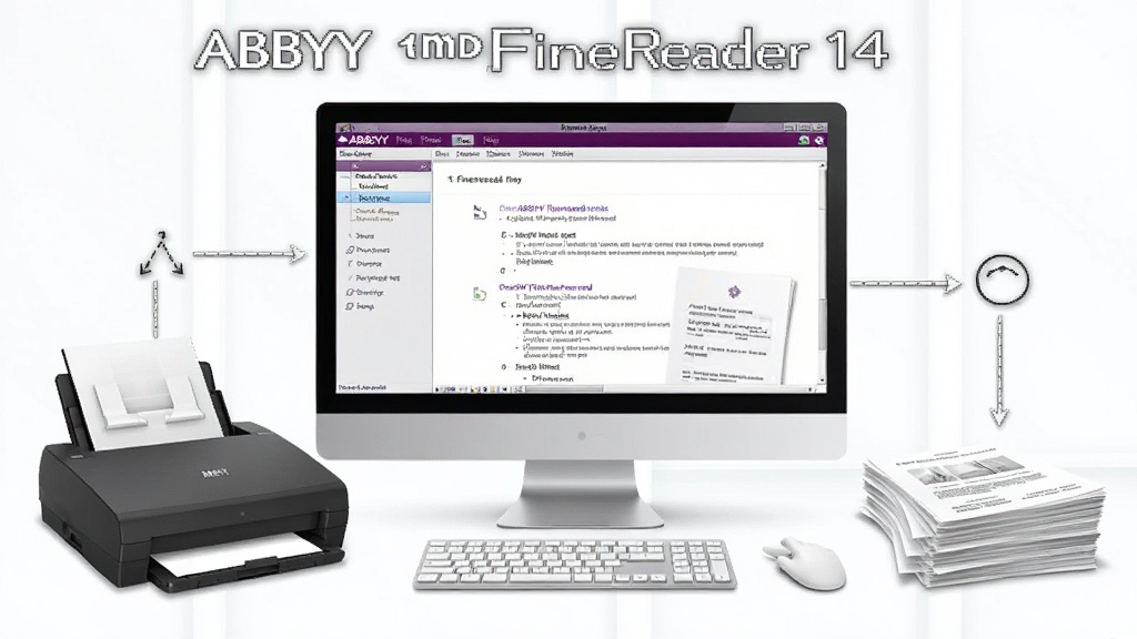 ABBYY FineReader 14 使用指南插图,展示软件在电脑上运行,周围有扫描仪和纸张,说明文档处理流程,画面简洁,风格写实
