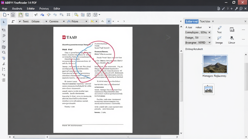 ABBYY FineReader 14 PDF 编辑界面,打开一张 PDF 文件,右侧显示编辑工具,如文本修改、图片替换,界面布局合理,功能直观