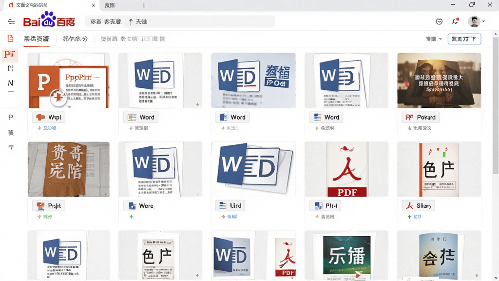 一张百度文库资源分类展示界面截图,主体是电脑屏幕上显示的文档缩略图网格,布局规整,包含各类文档封面,如PPT、Word、PDF,排版整齐,风格写实,细节丰富,画质清晰,干净无多余元素