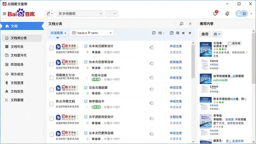 一张展示百度文库电脑版主界面的高清截图,主体是软件窗口,布局清晰,左侧为文档分类导航栏,中间区域是文档列表,右侧显示推荐内容,整体风格简洁商务,蓝白配色,画质清晰,干净无多余元素