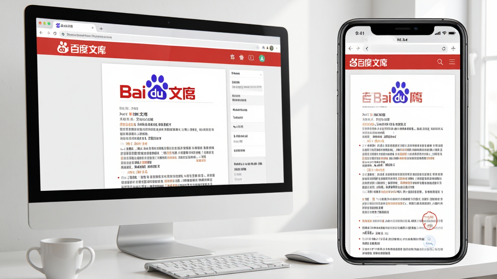一张展示百度文库在电脑和手机端同步使用的场景图,主体是电脑屏幕和手机屏幕并排显示,布局协调,风格现代,细节显示相同的文档界面,画质清晰,干净无多余元素