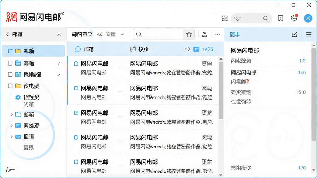一张展示网易闪电邮主界面的高清图片,界面简洁清爽,左侧为邮箱文件夹列表,中间为邮件列表,右侧为阅读窗格,顶部有“网易闪电邮”品牌标识,整体风格明亮,色彩以白色和浅蓝为主,布局规整,细节清晰,画质干净无多余元素