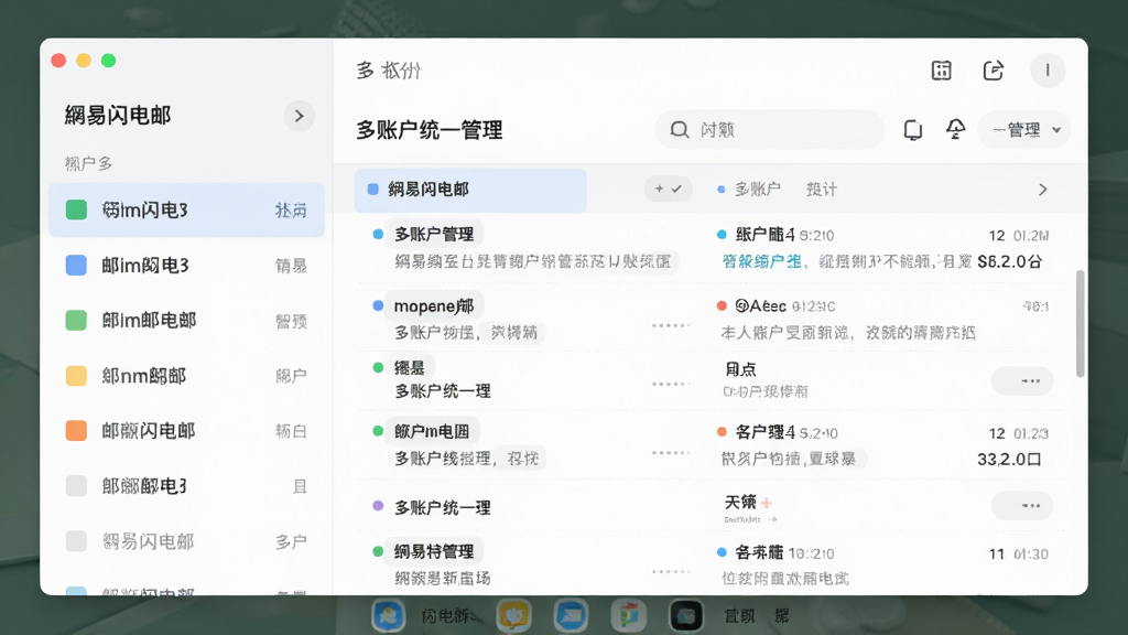 展示网易闪电邮多账户管理界面的图片,左侧账户列表显示多个邮箱名称,每个账户前有不同颜色标记,邮件列表按账户分组显示,界面干净整洁,突出“多账户统一管理”功能,风格现代,色彩柔和,画质清晰