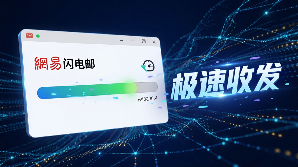 一张展示网易闪电邮收发邮件速度的图片,界面显示进度条快速完成,旁边有“极速收发”字样特效,背景为动态网络线条,风格科技感强,色彩明亮,突出速度快,画质干净