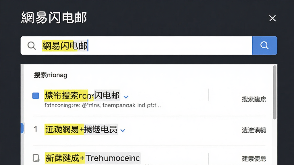展示网易闪电邮搜索功能的图片,搜索框输入关键词,下方显示搜索结果列表,关键词以黄色高亮显示,界面简洁,风格商务,画质清晰