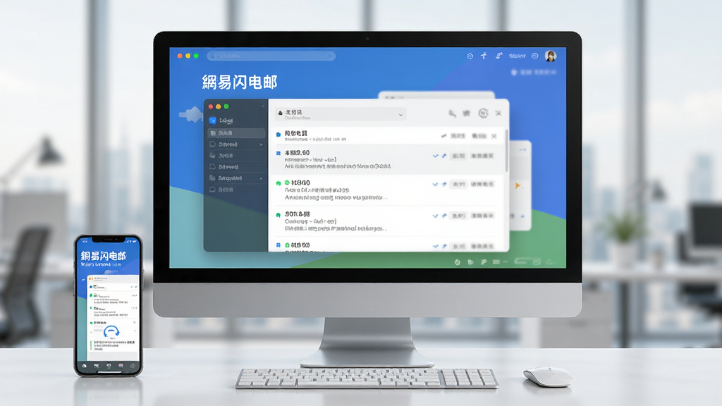 一张展示网易闪电邮使用场景的图片,电脑屏幕显示邮件界面,旁边有手机,表示多端同步,风格现代,画质清晰