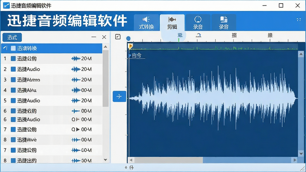 一幅展示迅捷音频编辑软件主界面的高清预览图,界面左侧为音频文件列表,右侧为波形编辑区域,顶部有格式转换、剪辑、录音等标签按钮,整体采用蓝白配色,简洁现代,界面干净无多余元素,画质清晰,软件名称“迅捷音频编辑软件”以醒目标题显示在界面左上角