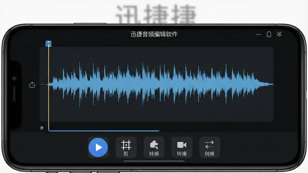 一张手机端迅捷音频编辑软件操作界面的截图,画面展示手机屏幕中音频波形编辑页面,底部有播放、剪辑、转换等图标按钮,背景为深色模式,界面现代,软件名称“迅捷音频编辑软件”在顶部显示,画质清晰干净无多余元素