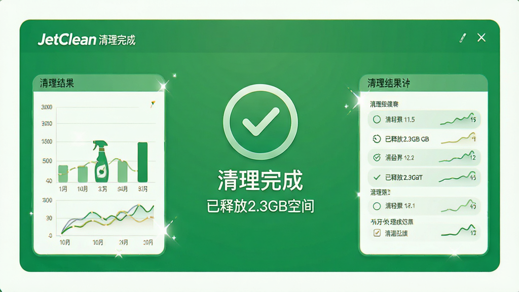 主体:JetClean清理完成界面,布局:清理结果统计图,排版:中央显示“清理完成”图标,风格:绿色背景,细节:显示“已释放2.3GB空间”,画质:高清,干净,无多余元素