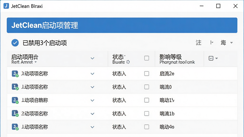 主体:JetClean启动项管理界面,布局:表格形式展示启动项名称、状态、影响等级,排版:上为标题栏,下为列表,风格:简洁商务风,白色背景,细节:显示“已禁用3个启动项”,画质:高清,干净,无多余元素