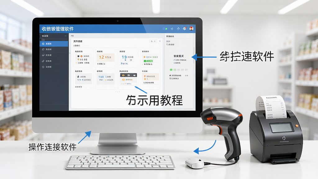 商店管家收银管理软件使用教程示意图,主体为电脑屏幕显示软件操作界面,旁边放着扫码枪和小票打印机,布局教学场景,风格写实,细节包括操作步骤标注、设备连接方式,画质干净无多余元素