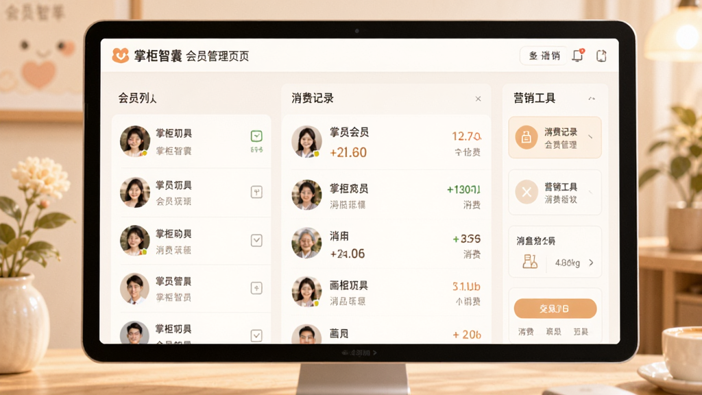 主体:掌柜智囊会员营销界面,布局:左侧会员列表,右侧消费记录与营销工具,排版:清晰简洁,风格:温馨亲和,细节:屏幕显示“掌柜智囊”会员管理页面,会员头像与消费数据可见,画质:高清柔和