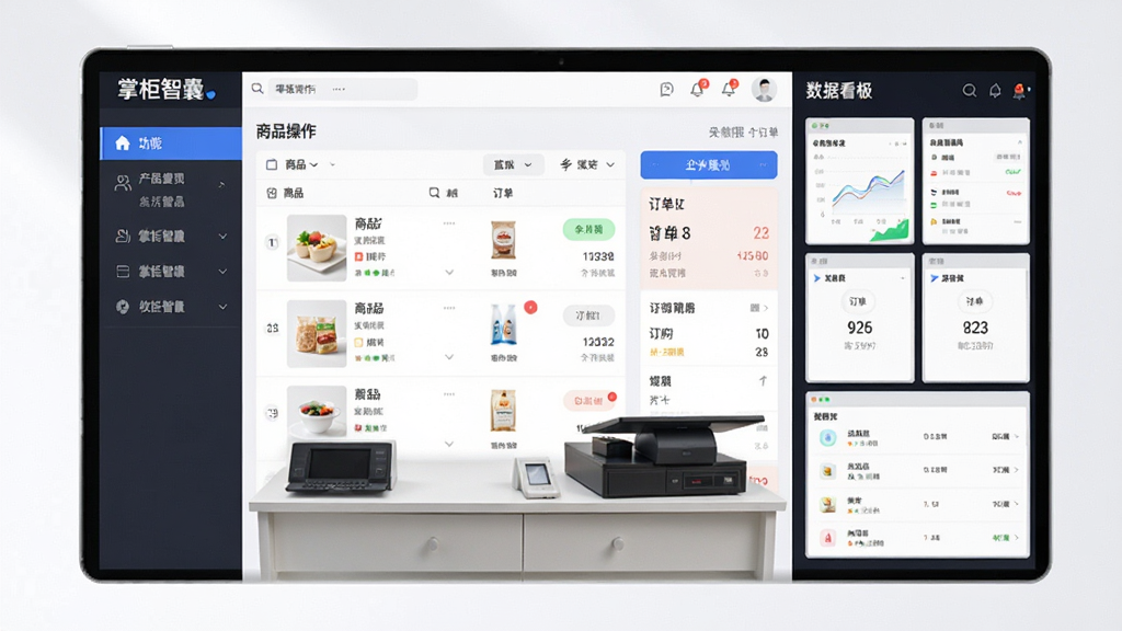 主体:掌柜智囊软件界面展示,布局:左侧功能菜单栏,中间收银操作台,右侧数据看板,排版:清晰分区,风格:现代商务,细节:屏幕显示“掌柜智囊”字样及商品列表、订单信息,画质:高清干净,无多余元素