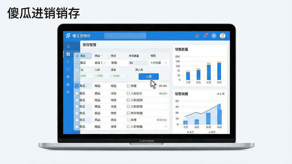 一张现代简约风格的软件功能预览图,主体为笔记本电脑屏幕展示傻瓜进销存软件的库存管理界面,屏幕中显示商品列表、库存数量、销售图表等模块,布局清晰,排版整齐,界面以蓝白为主色调,风格简洁明亮,细节包含鼠标指针悬停在入库按钮上,画质高清干净,无多余元素,屏幕左上角有“傻瓜进销存”字样