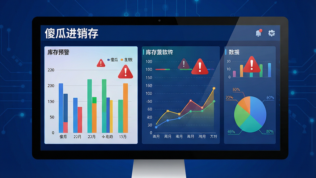 一张数据可视化风格图片,主体为一个大屏幕显示器,屏幕上显示傻瓜进销存软件的库存预警仪表盘,包含条形图、折线图、饼图,图表配色鲜艳,布局错落有致,排版专业,风格现代科技感,细节处有红色感叹号图标表示预警,画质清晰,背景为深蓝色,无多余元素,屏幕左上角有“傻瓜进销存”字样