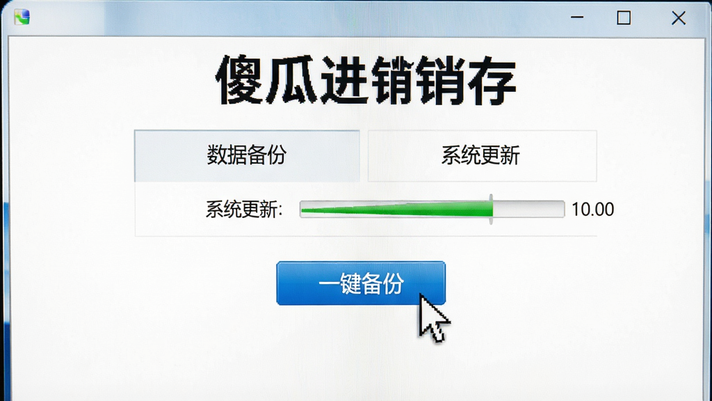 一张电脑屏幕截图风格图片,主体为傻瓜进销存软件的设置界面,显示“数据备份”与“系统更新”选项,鼠标指针指向“一键备份”按钮,布局居中,排版简洁,风格写实,细节有进度条动画,画质清晰,背景为白色,无多余元素,屏幕上方有“傻瓜进销存”字样