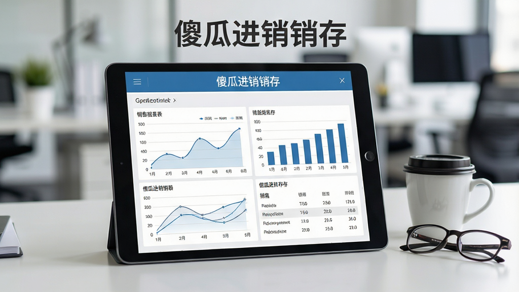 一张商务办公风格图片,主体为办公桌上一台平板电脑,平板屏幕显示傻瓜进销存软件的销售报表页面,报表以曲线图和柱状图展示数据,旁边放有咖啡杯和眼镜,布局和谐,排版整洁,风格商务简约,细节报表数据清晰可辨,画质高清,背景为虚化的办公室环境,无多余元素,平板屏幕上方有“傻瓜进销存”字样