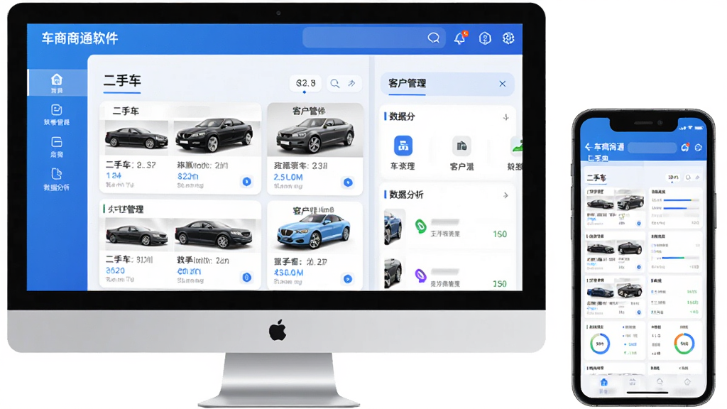 车商通软件主界面预览图,展示二手车列表、客户管理、数据分析仪表盘,整体采用蓝白商务风格,界面简洁,图标圆润,桌面电脑与手机并排展示,画质干净,无多余元素