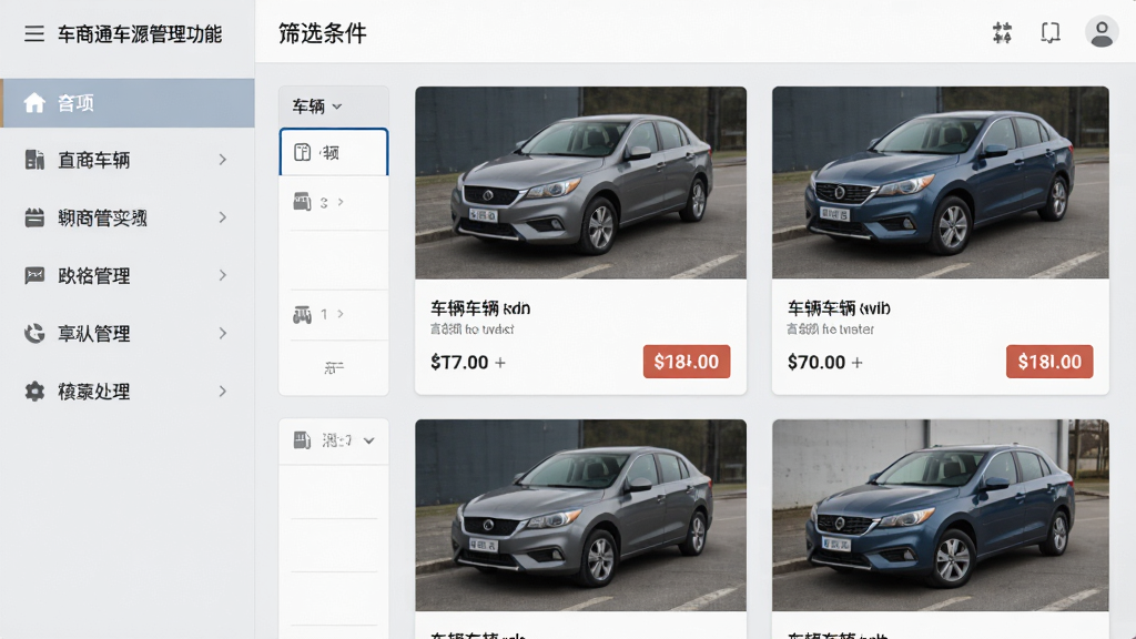 车商通车源管理功能截图,展示车辆列表与筛选条件,左侧为功能菜单,右侧为车辆卡片,包含车辆图片与价格标签,背景为浅灰色,界面清晰,风格写实,画质干净,无多余元素