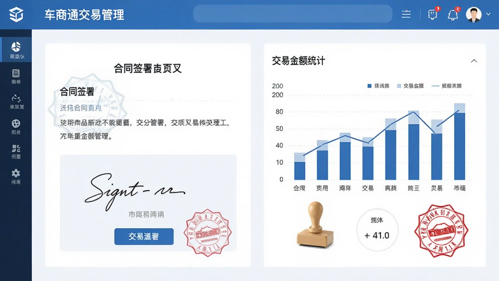 车商通交易管理界面,显示合同签署页面与交易金额统计图,包含签名区域和印章,整体商务风格,蓝色调,界面整洁,画质干净,无多余元素