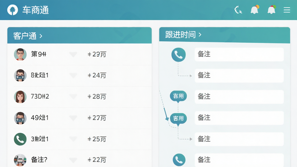 车商通客户管理界面,展示客户列表与跟进时间线,包含电话图标、备注字段,界面以蓝绿色为主色调,扁平化设计,数据清晰,画质干净,无多余元素