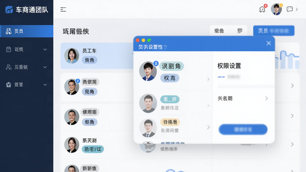车商通团队协同界面,展示员工列表与权限设置弹窗,包含头像与角色标签,风格简约,蓝色调,界面友好,画质干净,无多余元素